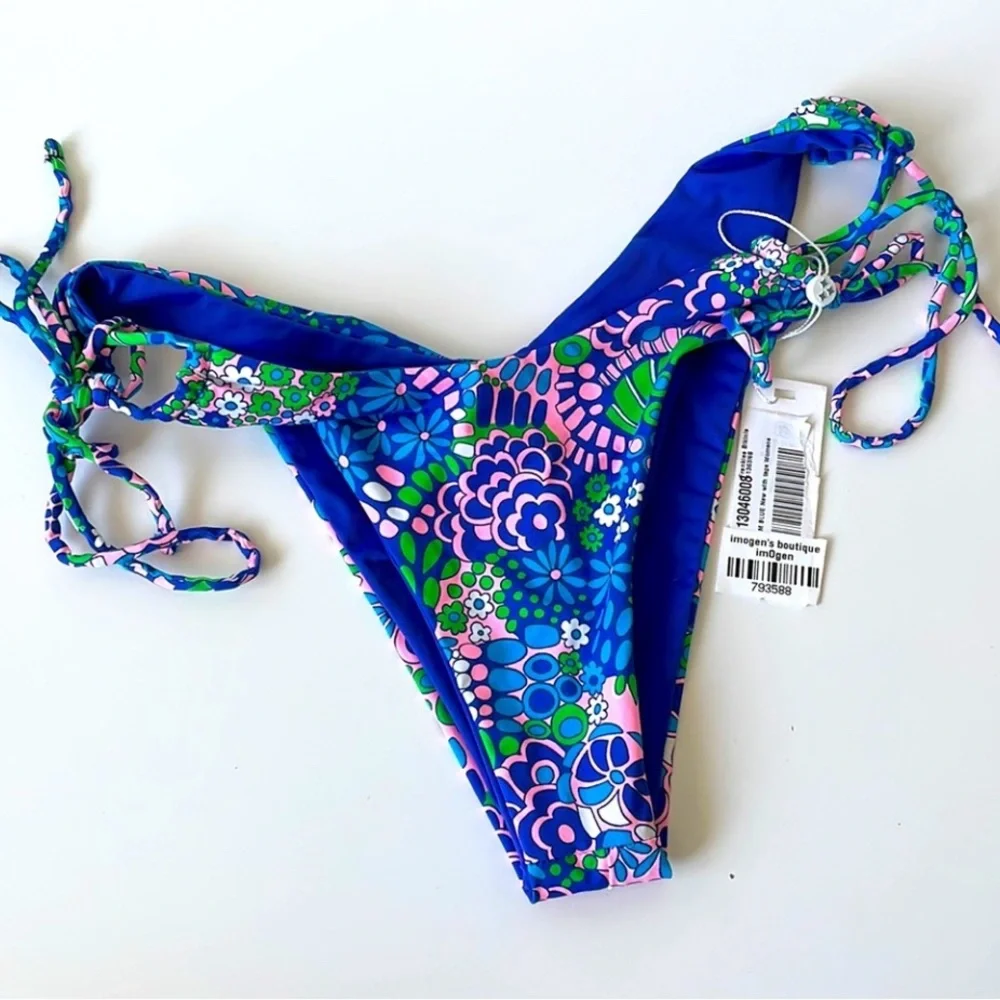 NWT Frankie’s bikini good vibes in electric blue green pink string high rise L/M